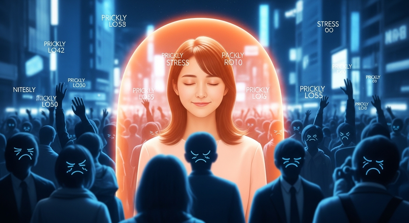 都会の喧騒の中、穏やかな笑顔の日本人女性が、光の結界でネガティブなエネルギーから自分を守っている様子