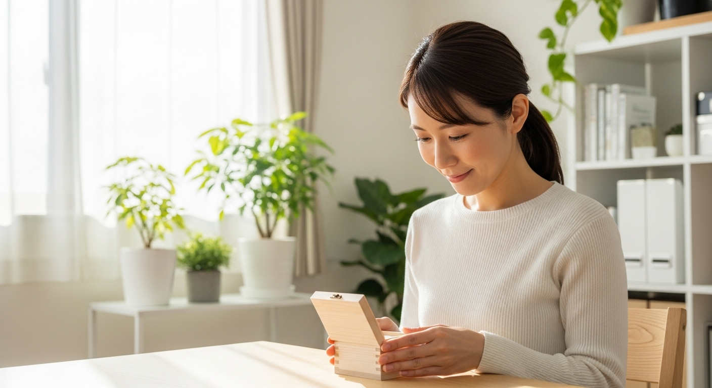 窓から差し込む朝日でキラキラと輝く部屋の中。テーブルの上に置かれた、まだ開けていない小さな桐の箱（護符をイメージ）を、20代後半から30代の日本人女性が両手でそっと大切そうに包み込んでいる。女性は少し微笑んでおり、その表情は「やっと届いた」という安堵感と、「これから良いことがありそう」という静かな期待に満ちている。彼女の背後には、きれいに整えられた本棚や観葉植物が少しだけ見え、丁寧な暮らしぶりがうかがえる。全体的に、明るく、温かく、そして少し神聖な雰囲気が漂う写真。