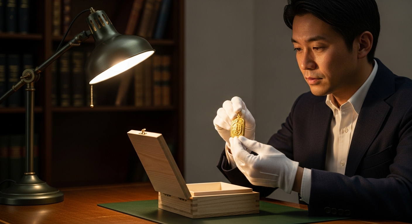 静かで趣のある書斎。背景には古い革張りの本が並んだ本棚がぼんやりと見える。重厚な木のデスクの上で、鑑定士を思わせるような、仕立ての良いジャケットを着た30代〜40代の日本人男性が、白い手袋をした手で、美しい桐箱の中から丁寧に作られた金色の護符をそっと取り出している。男性は護符を敬意と感嘆の眼差しで見つめており、その逸品が持つ歴史やエネルギーを感じ取っているような真剣な表情。