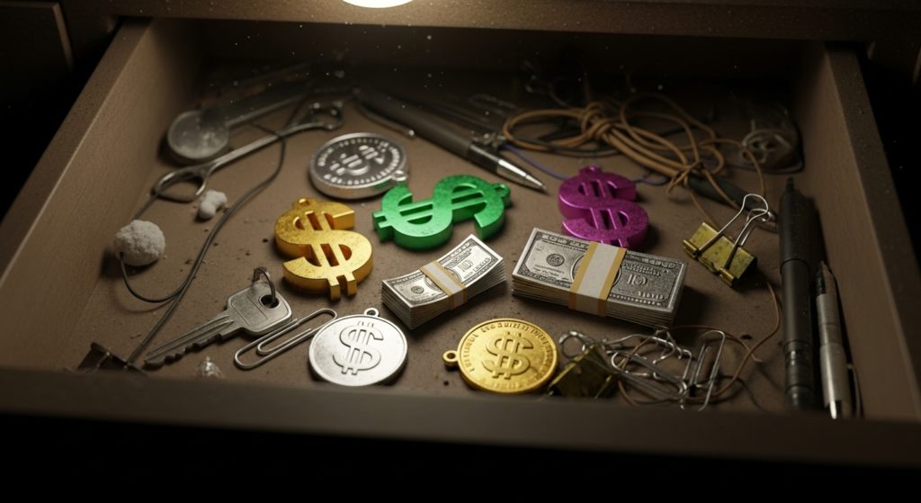 引き出しの奥で忘れられた安物の金運グッズ