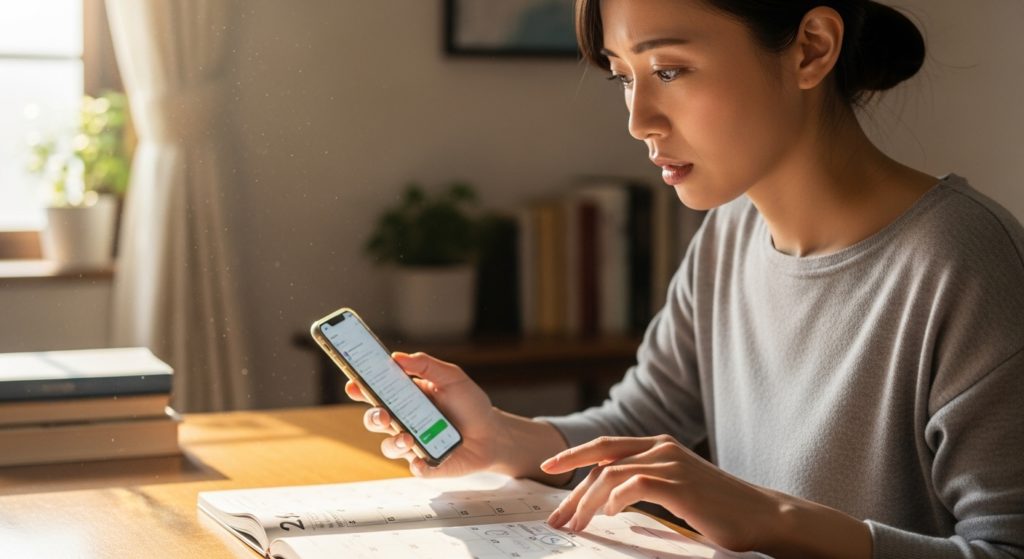 月花殿の護符がいつ届くかカレンダーで確認する女性