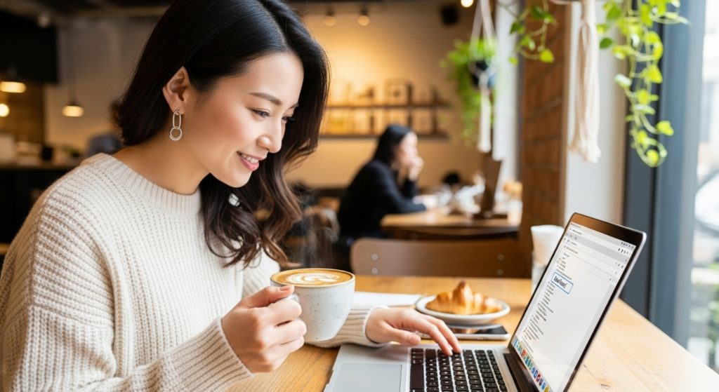 パソコンで月花殿からのメールを確認して安心する女性