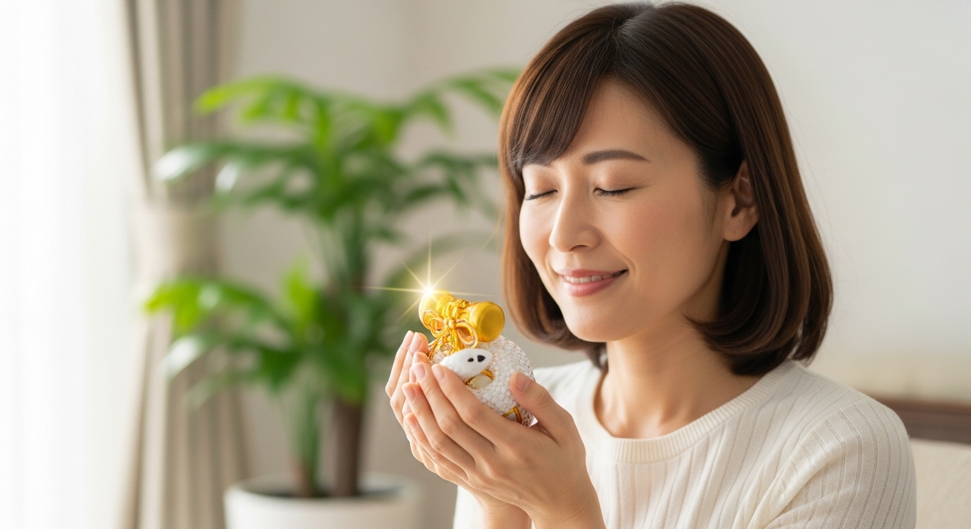 朝の柔らかい光が差し込む、綺麗に整えられた部屋。20代後半から30代の日本人女性が、美しい金色の小さな置物（白蛇や打ち出の小槌など）を両手でそっと包み込むように持っている。女性は目を閉じ、穏やかで感謝に満ちた微笑みを浮かべている。彼女の意識がグッズと深く繋がっているような、静かで神聖な雰囲気が漂う。背景は少しぼかし、観葉植物のグリーンが彩りを添えている