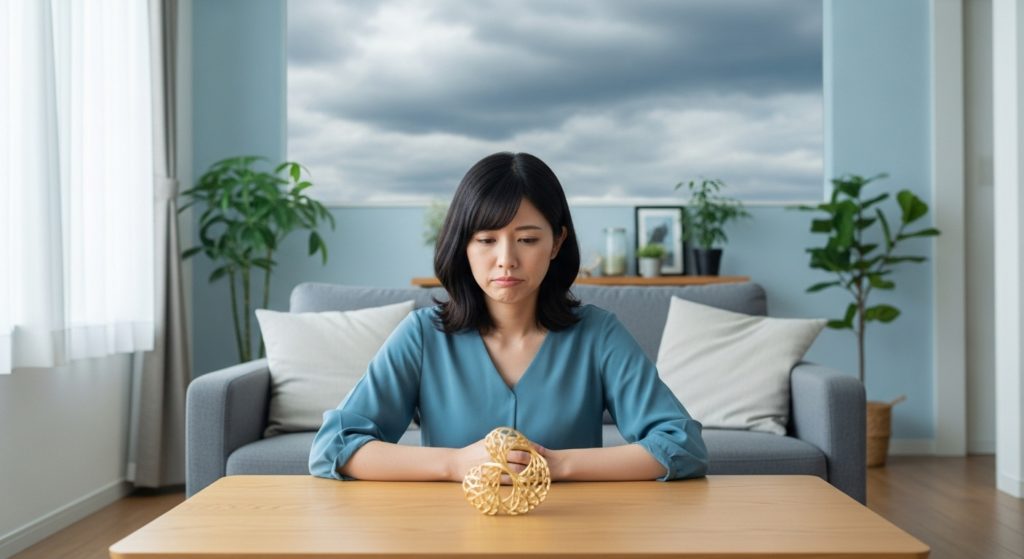 効果のない金運グッズを眺めてため息をつく女性