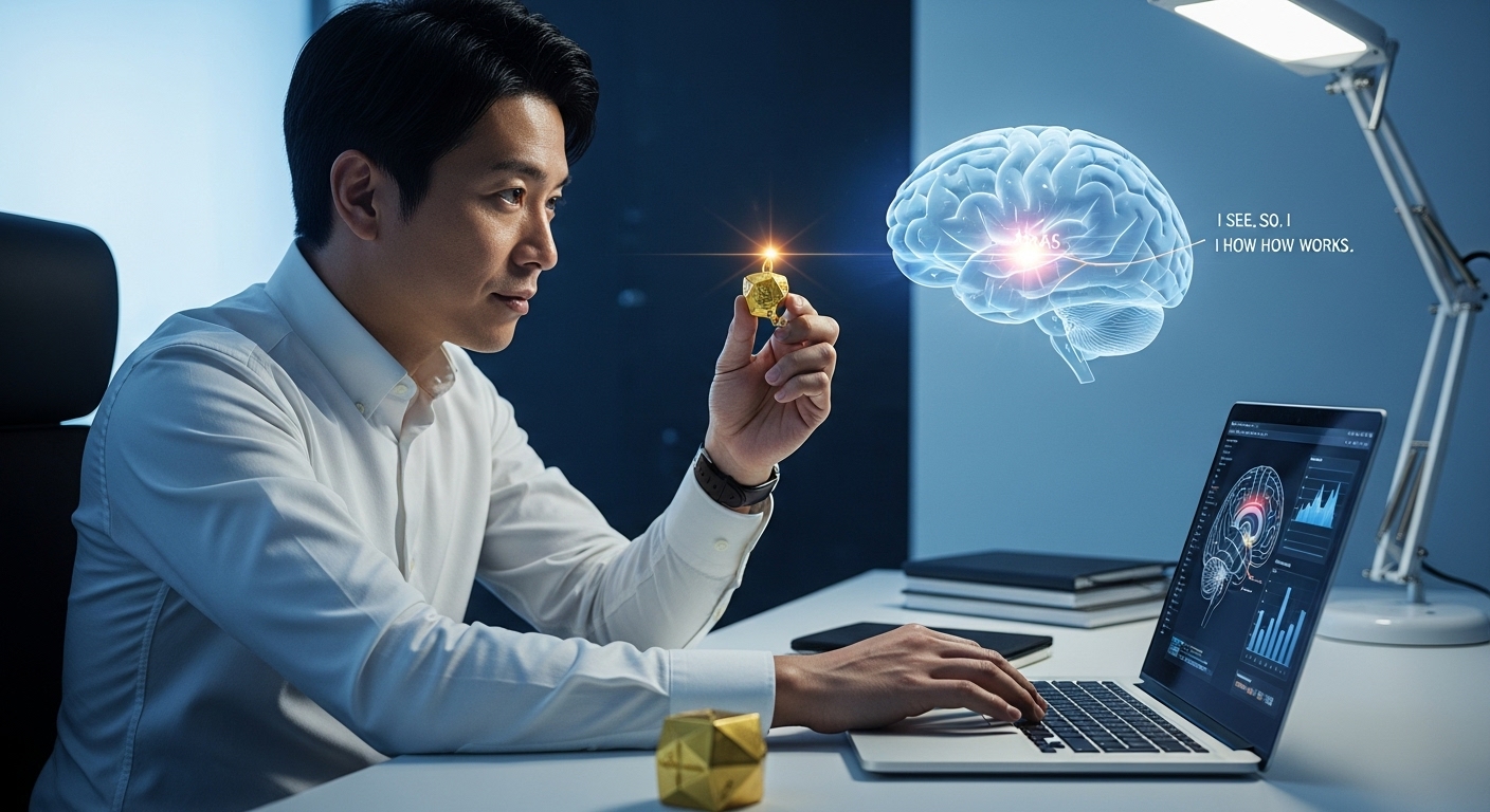 モダンで洗練された書斎。スタイリッシュなデスクの上で、知的な雰囲気を持つ30代の日本人男性が、興味深そうに小さな金色のオブジェ（幾何学的な形など、お守りっぽくないもの）を指でそっと触れている。彼のもう片方の手はノートパソコンのキーボードにあり、画面には脳のイラストやデータのグラフが映し出されている。彼の目線の先、空間に半透明の脳のCGイメージが浮かび上がっており、特定の部位（RASをイメージ）が淡く光っている。男性の表情は「なるほど、そういう仕組みか！」と納得し、少し興奮している様子。