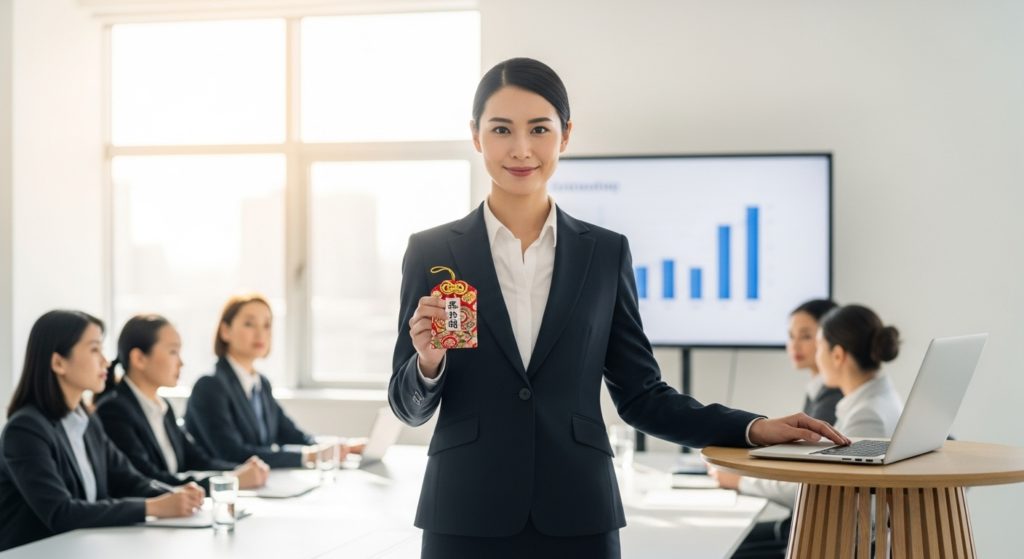 金運グッズを手に自信を持って仕事をする女性