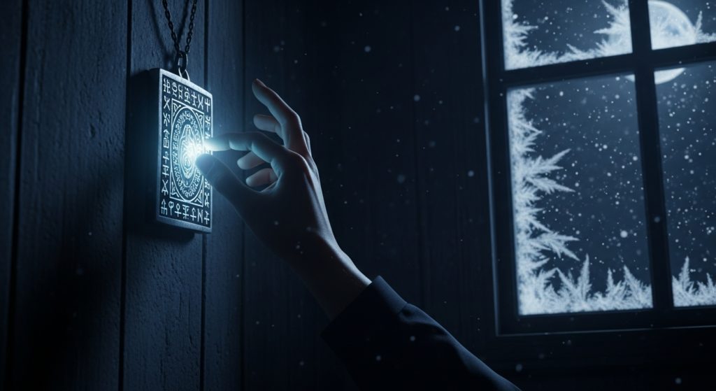 暗い部屋の壁(高い位置)に、護符を貼ろうとしている手元のアップ。窓の外は冬の夜空