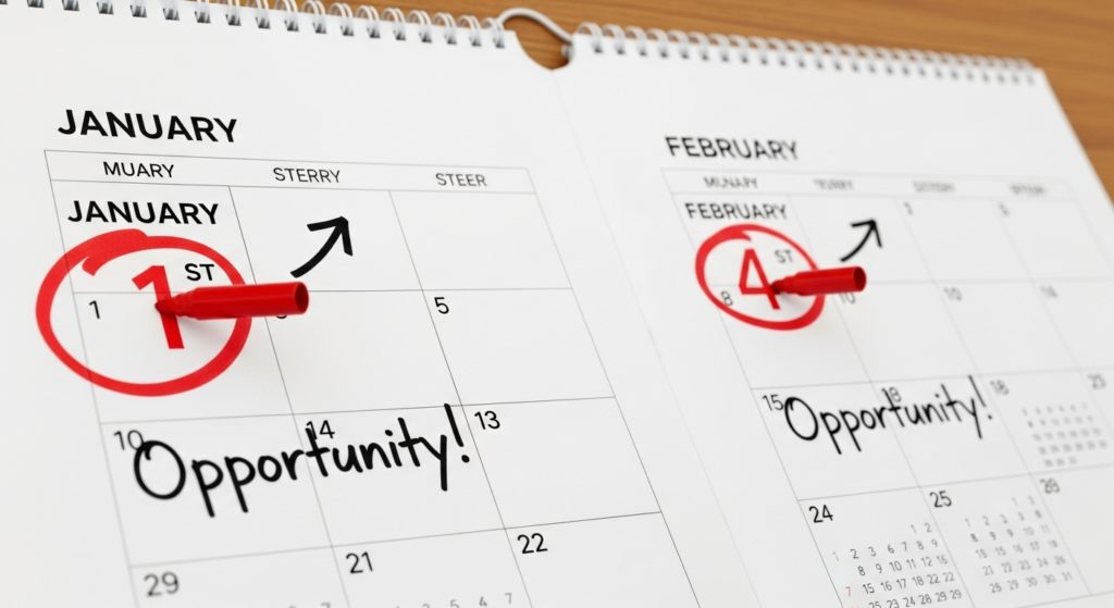 カレンダーの「1月1日」と「2月4日」に印をつけ、どちらもチャンスであることを示唆するイメージ