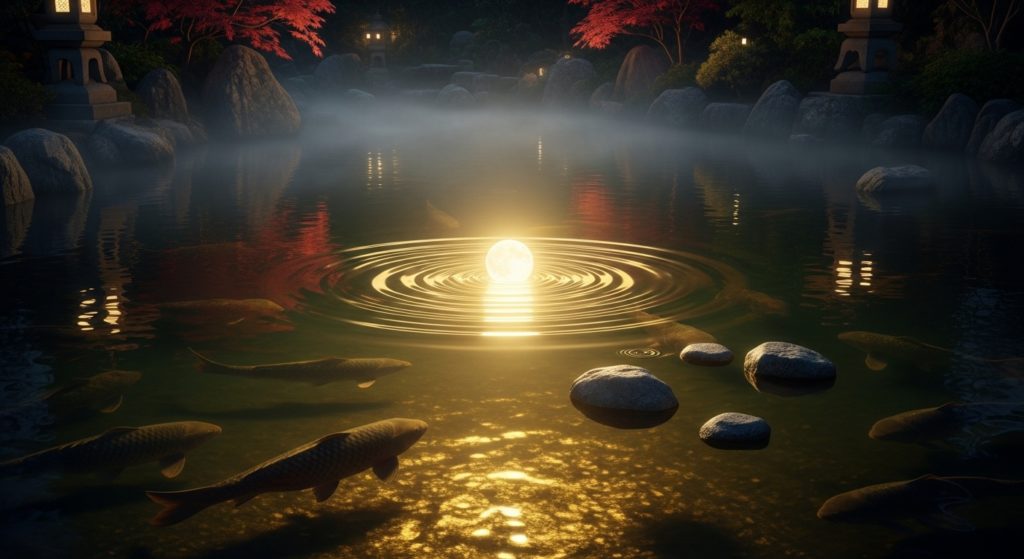 浄化された美しい水面に、黄金の月の光が反射して輝いている幻想的なイメージ