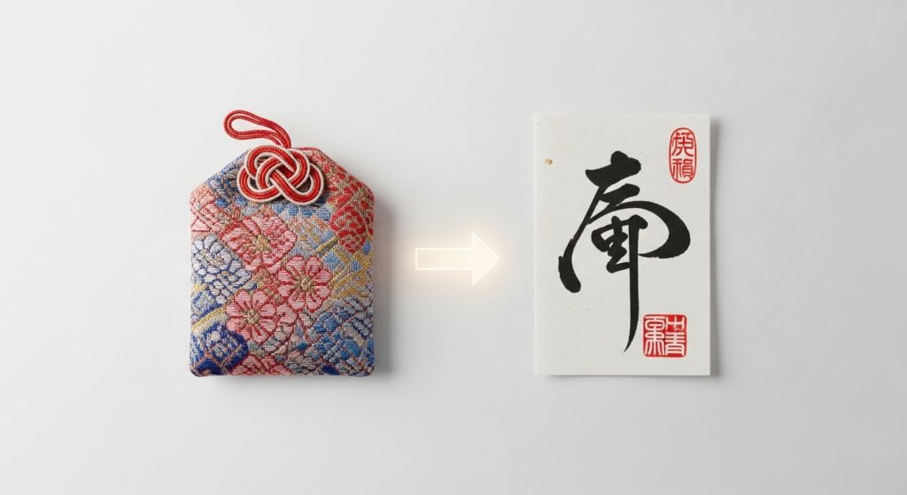お守り（錦袋）と護符（和紙）を並べ、光の矢印で「協力関係」にあることを示した図解