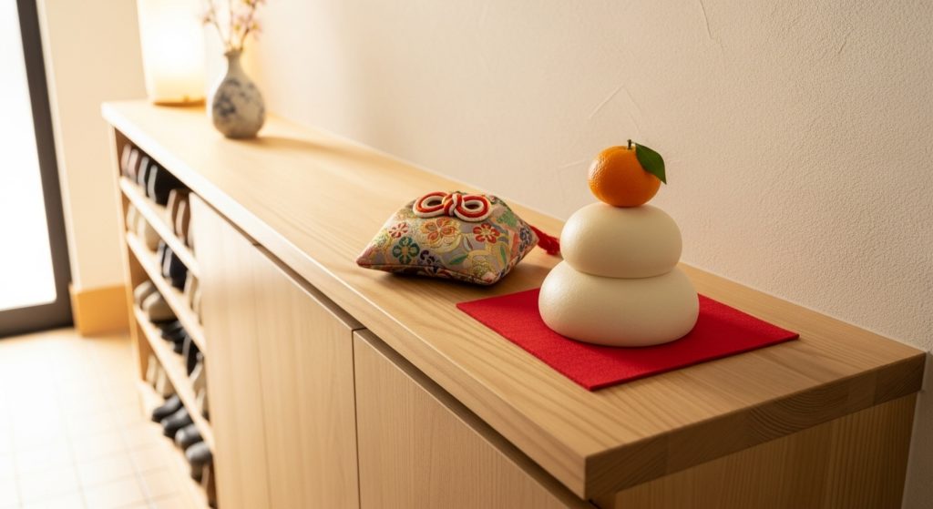 清潔な玄関の下駄箱の上に、鏡餅と一緒に「魔除けの護符」が丁寧に祀られている様子