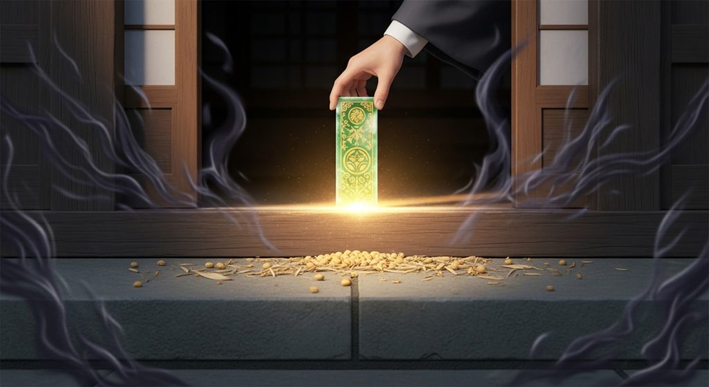 豆まきをして鬼（邪気）が出て行った玄関に、光り輝く護符を貼って結界を作っているイメージ