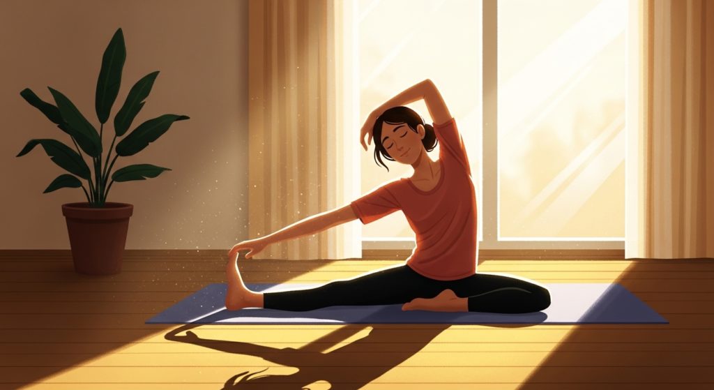 朝の光が差し込む部屋で、ヨガマットの上で気持ちよさそうにストレッチをする人物。健康的でポジティブな一日の始まりをイメージさせるイラスト