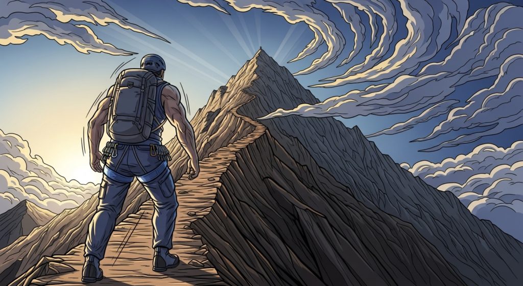 険しい山道を、一歩一歩着実に頂上へと向かって登っていく登山者の力強い後ろ姿。目標達成への決意と努力を象徴するイラスト