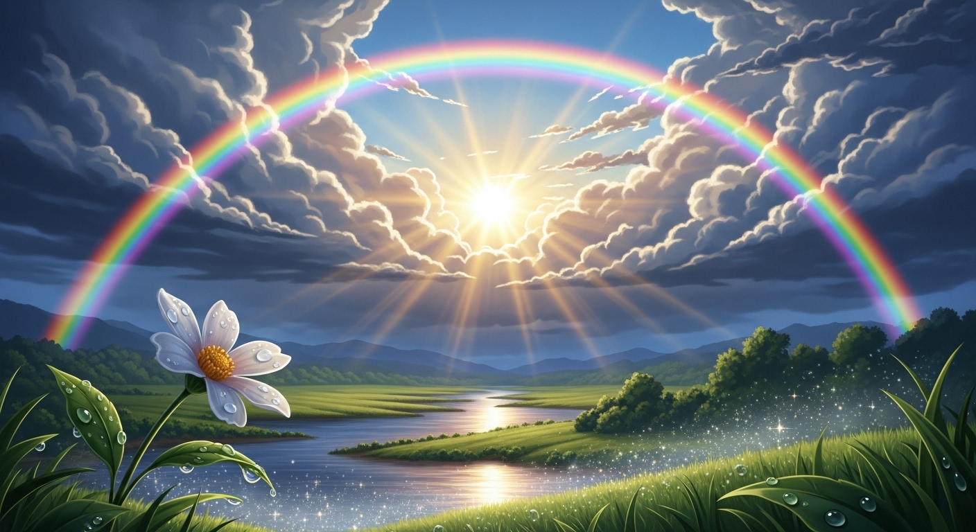 嵐が過ぎ去り、分厚い雲間から太陽の光が力強く差し込み、地上に美しい虹がかかっている幻想的な風景。希望と再生、そして幸運の訪れを感じさせる、感動的な雰囲気のイラストを描いてください。