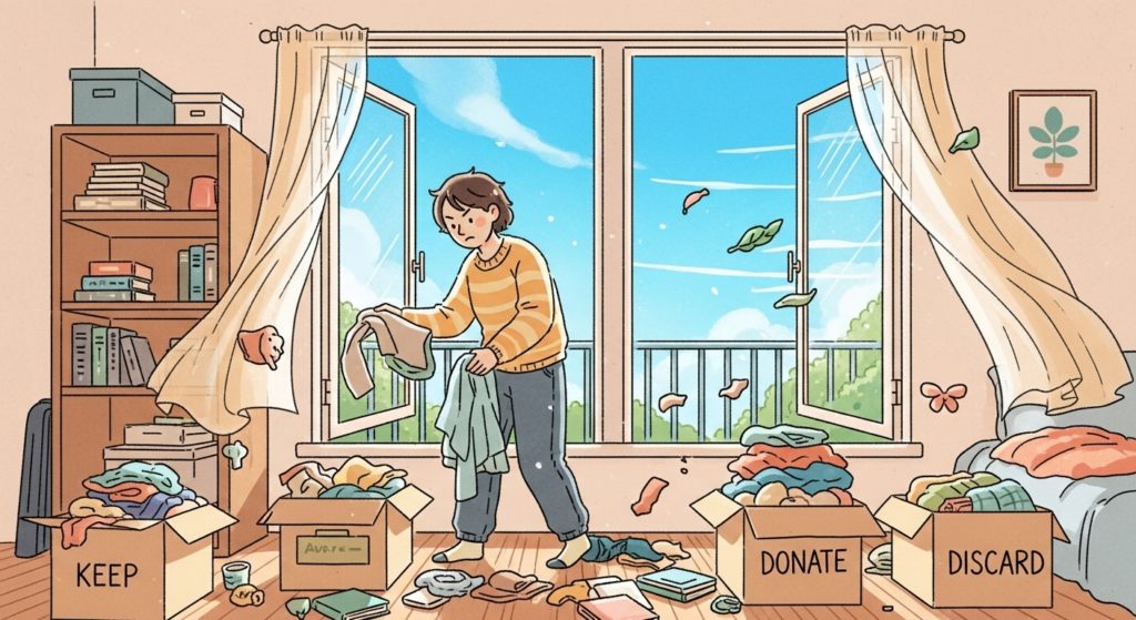 部屋を断捨離して、窓を開け放ち、明るい光と新鮮な空気を入れ替えている人物のイラスト。スッキリとした爽やかな雰囲気