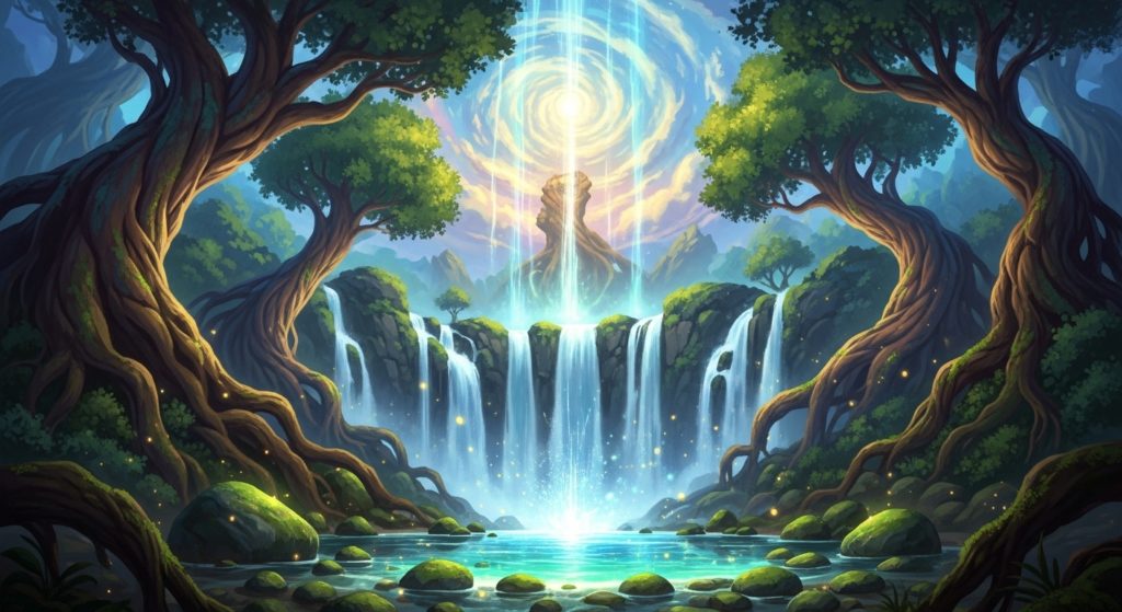 雄大な自然に囲まれた、神秘的な雰囲気のパワースポット。滝や古木から強いエネルギーが放たれている様子を幻想的に描いたイラスト
