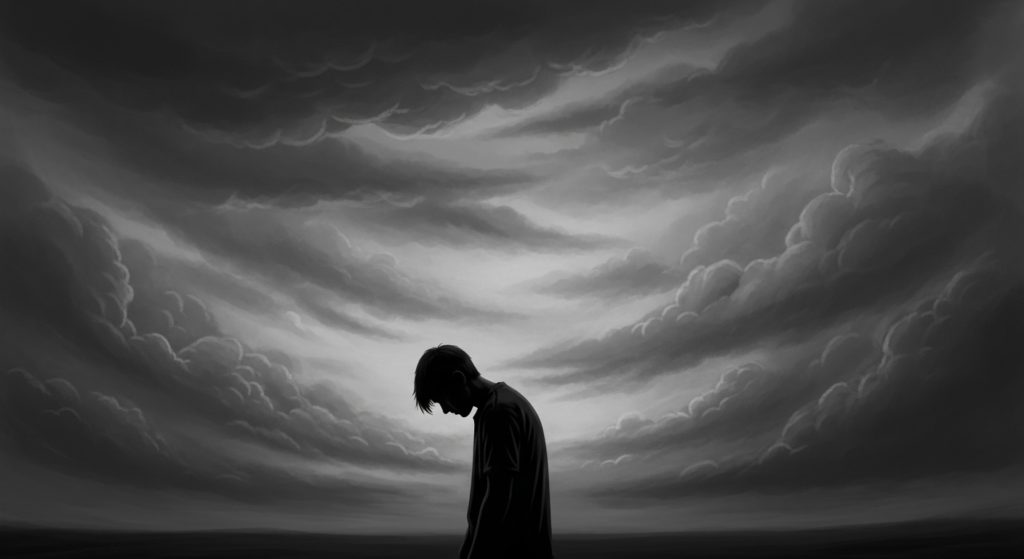 分厚い灰色の雲の下で、一人うつむき、深く思い悩んでいる人物のシルエット。停滞感や閉塞感を表現したイラスト