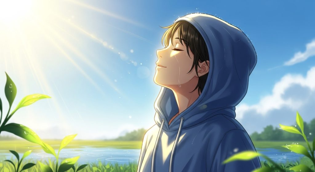 嵐が過ぎ去った後の晴れやかな空の下、朝日を全身に浴びながら、希望に満ちた表情で深呼吸をする人物のイラスト