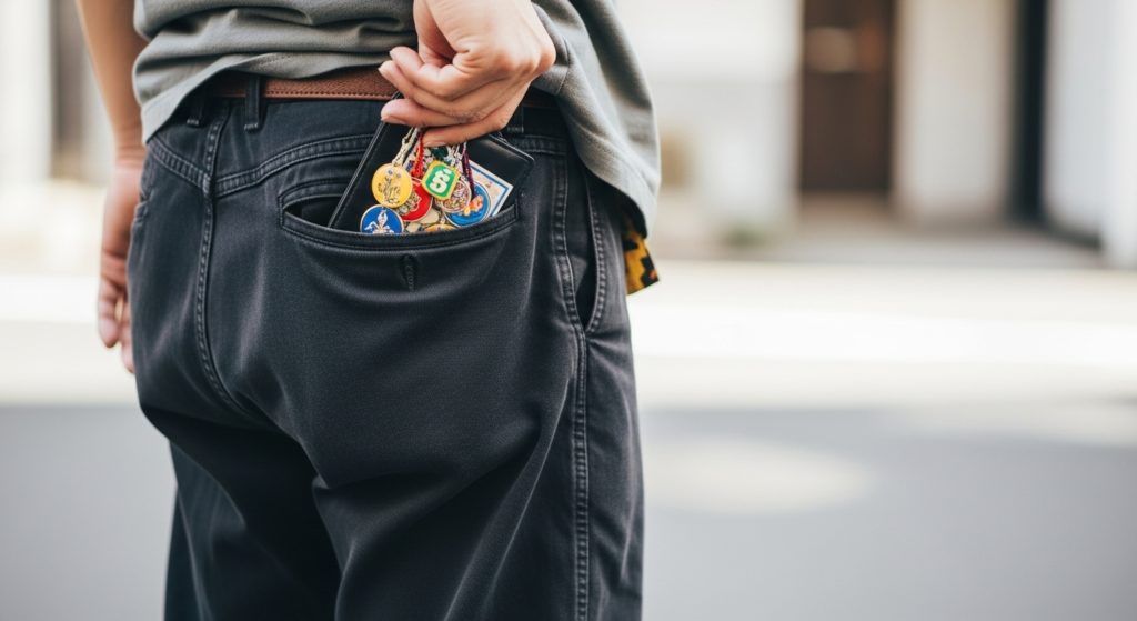 護符の入った財布をズボンの後ろポケットに無造作に入れている日本人の写真。だらしない印象を強調する