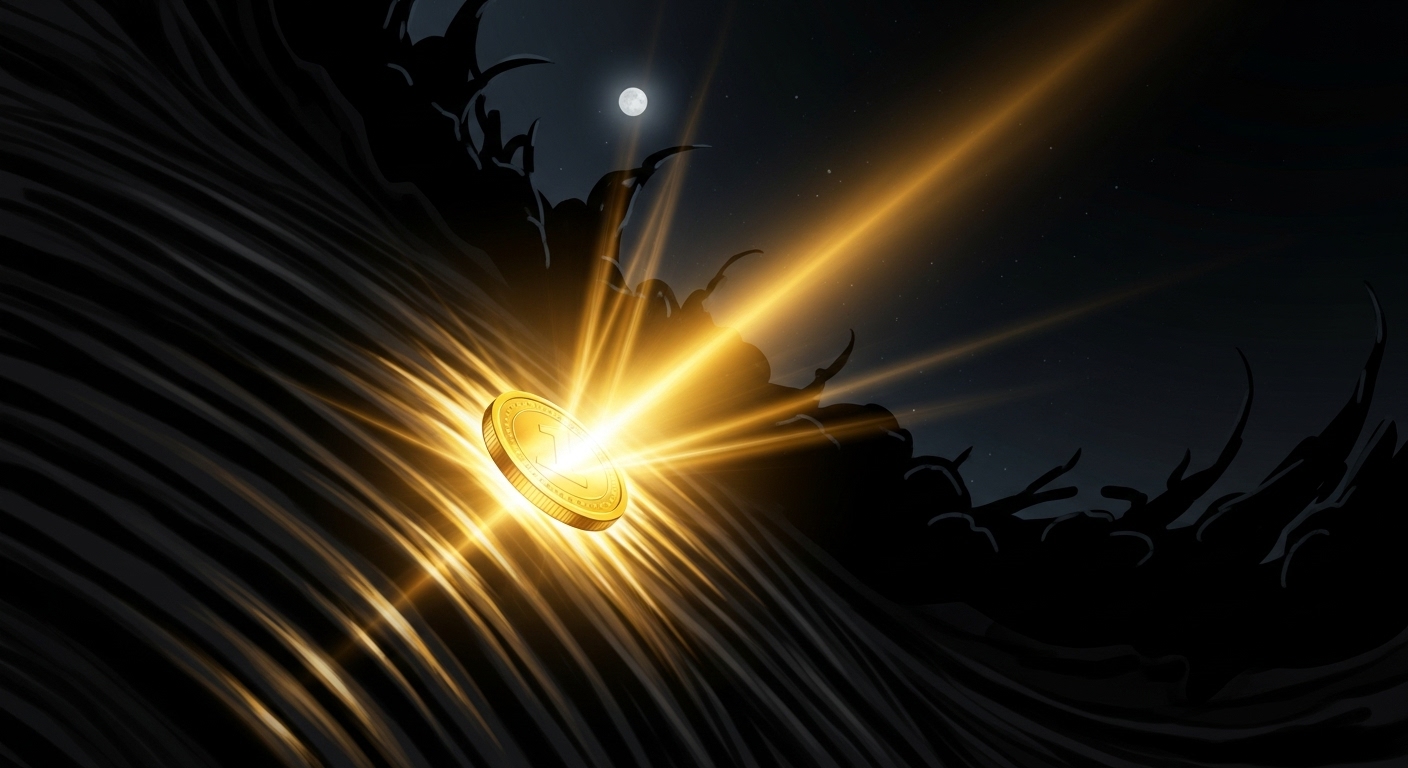 暗く絶望的な背景の中から、一枚の輝く金貨が浮かび上がっている。金貨からは温かく力強い金色の光が放射状に放たれ、希望を照らし出している。背景にはぼんやりと満月が見え、神秘的な雰囲気を添えている。全体的に、暗闇から抜け出す一筋の光明を感じさせる、ドラマチックなイラスト。