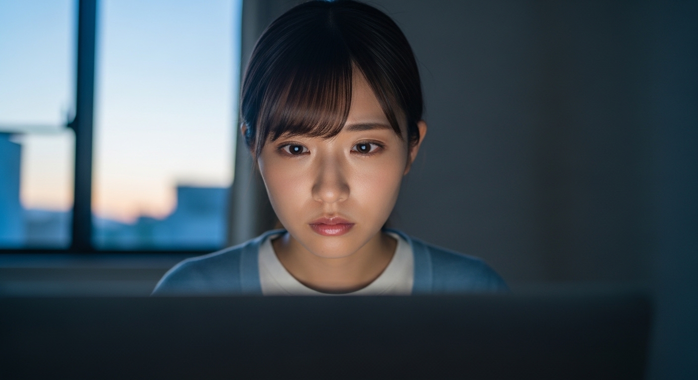 1人の若い日本人女性が、少し薄暗い部屋の中でノートパソコンの画面を真剣に見つめている。彼女の表情は、最初は疑いや不安に満ちているが、画面から放たれる優しい光が彼女の顔を照らし、その表情が次第に安堵と小さな希望へと変わっていく瞬間を捉える。彼女の背後の窓からは、夜明け前の美しいグラデーションの空が少しだけ見えている。写真全体は、シネマティックな雰囲気で、被写界深度は浅く、彼女の感情の変化に焦点が合っている。