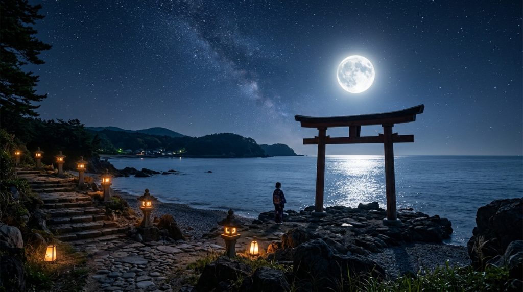 満月の光が海面を照らし、神秘的でスピリチュアルなパワーを感じさせる風景