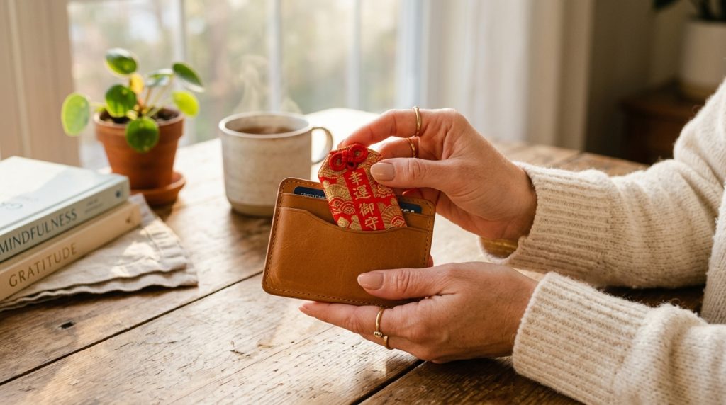 朝の光の中で、護符が入った財布を両手で優しく包み込むように持つ様子