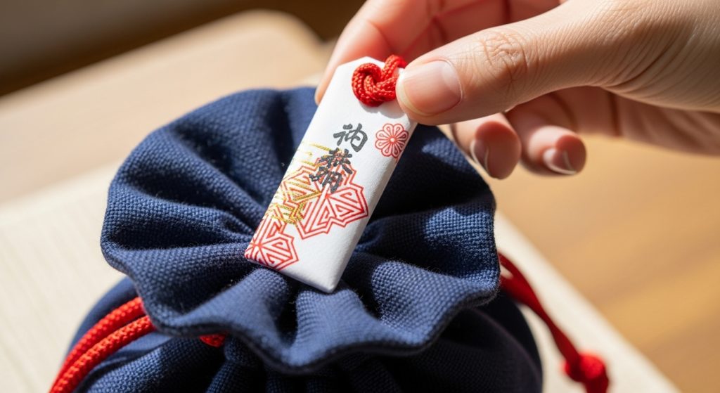 白い紙に包まれたお札を、カバンの上の方に丁寧に入れている手元のアップ