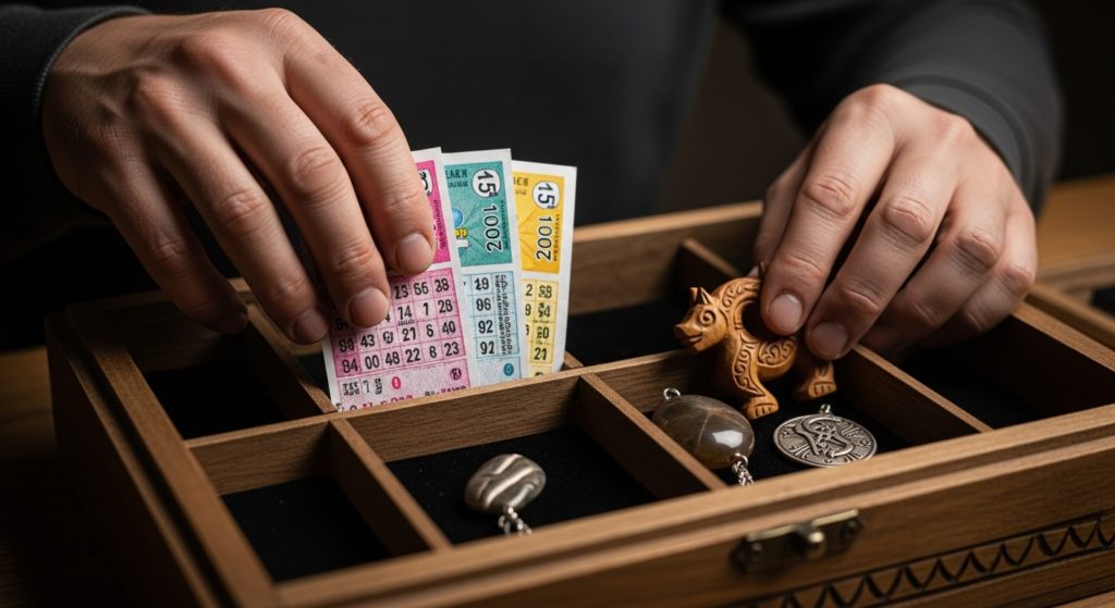 薄暗い静かな部屋で、木箱の中に宝くじと護符を丁寧にしまっている手元のアップ
