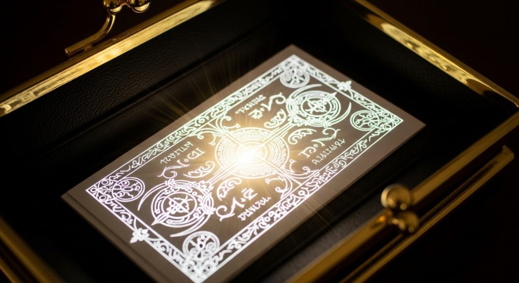 ゴールドの財布の中に、白い護符が光り輝きながら収まっている様子