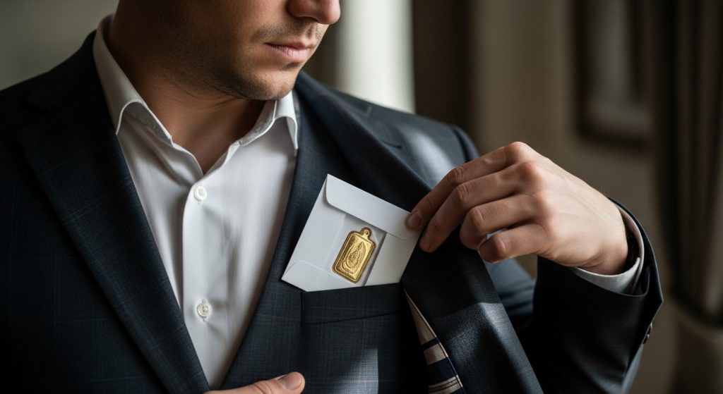 スーツの内ポケットに、白い封筒に入れた護符をそっとしまっている様子