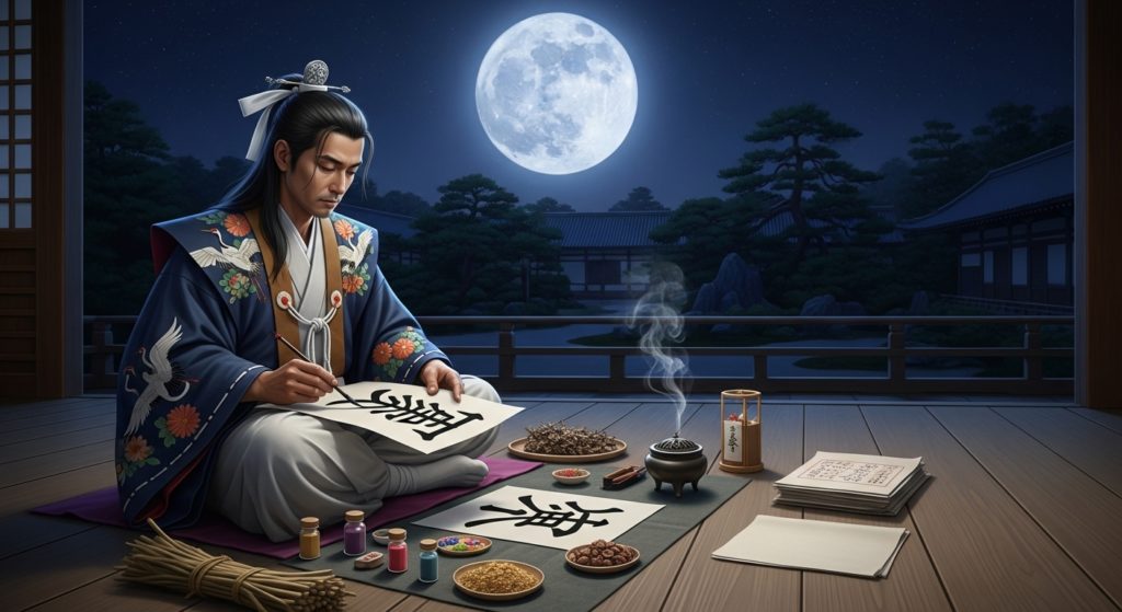 満月の夜に祈祷師が護符を作成している幻想的な様子