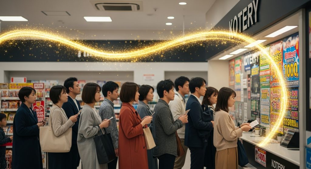 宝くじ売り場に並ぶ人々の頭上に、金色の運気の流れが見えているイメージ