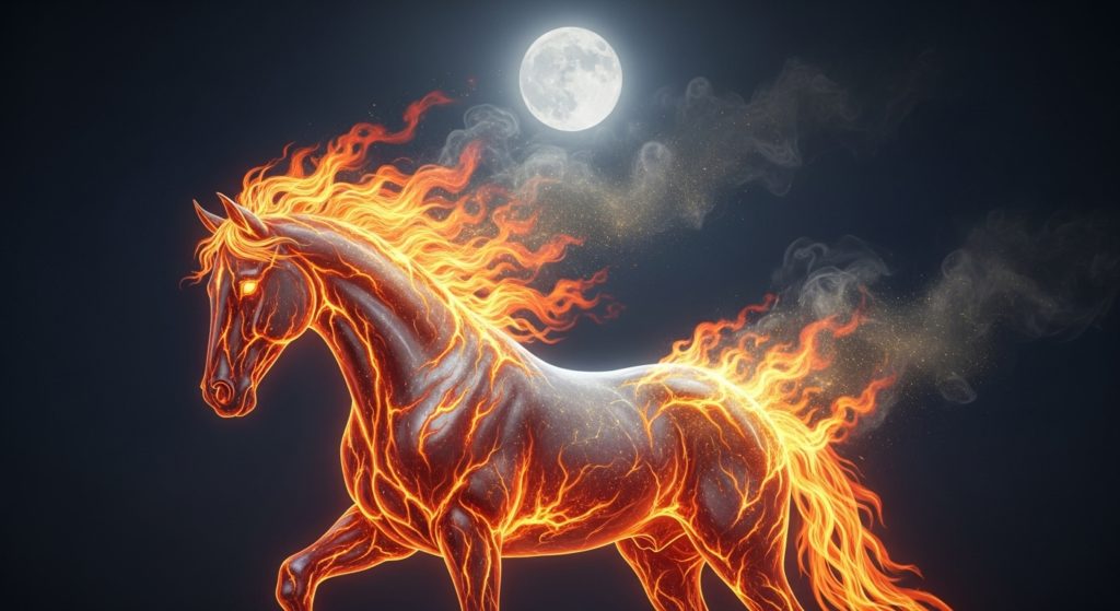 燃え盛る炎（丙午のイメージ）を、月の光が優しく包み込んで黄金に変えているイメージ