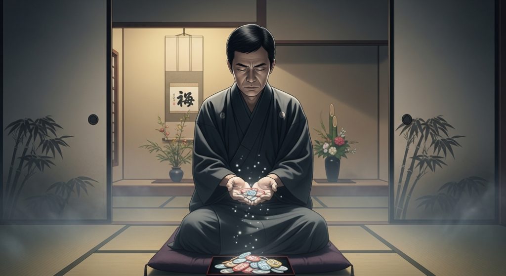 日本の伝統的な和室で、祈祷師の東条知明さん（日本人男性）が真剣な表情で護符に一枚一枚丁寧にエネルギーを込めている様子。神秘的で静かな雰囲気が伝わるイラスト