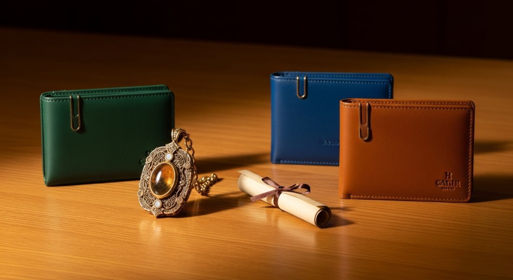 落ち着いたデザインのテーブルの上に、メルマガ会員限定の特別デザインの護符や高級感のある開運財布が置かれているイメージ。手にした人にだけ届く特別な贈り物という雰囲気が伝わる、暖色系の照明で照らされたお洒落な写真