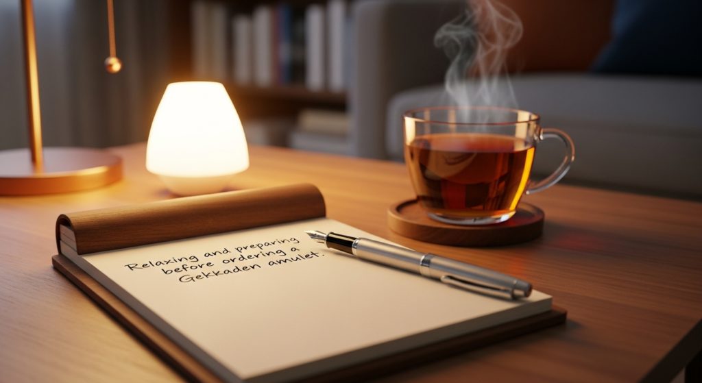 温かい雰囲気のリビングのテーブルの上。きれいなメモ帳とペン、横には湯気の立つティーカップが置かれている様子。alt属性「月花殿の護符を注文する前に、リラックスして準備をする様子