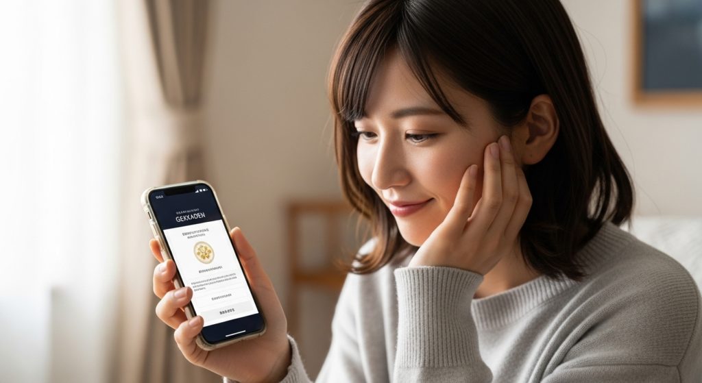 優しい笑顔の50代の日本人女性が、安心した表情でスマホの画面を見ている。部屋には柔らかい光が差し込んでいる。alt属性「月花殿の護符を無事に注文できて、安心している女性