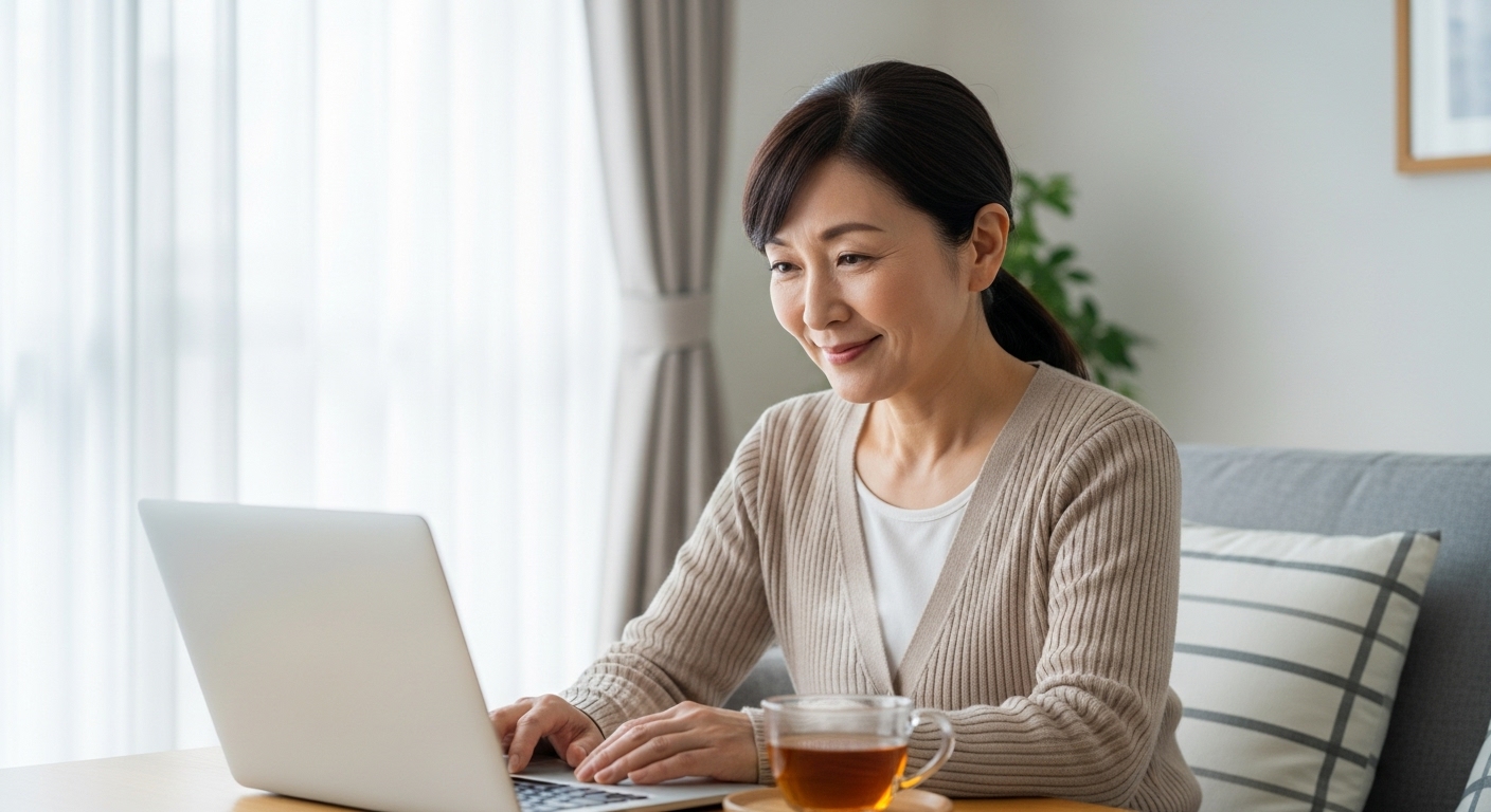 月花殿の護符の注文を無事に終え、安心した表情で微笑む女性