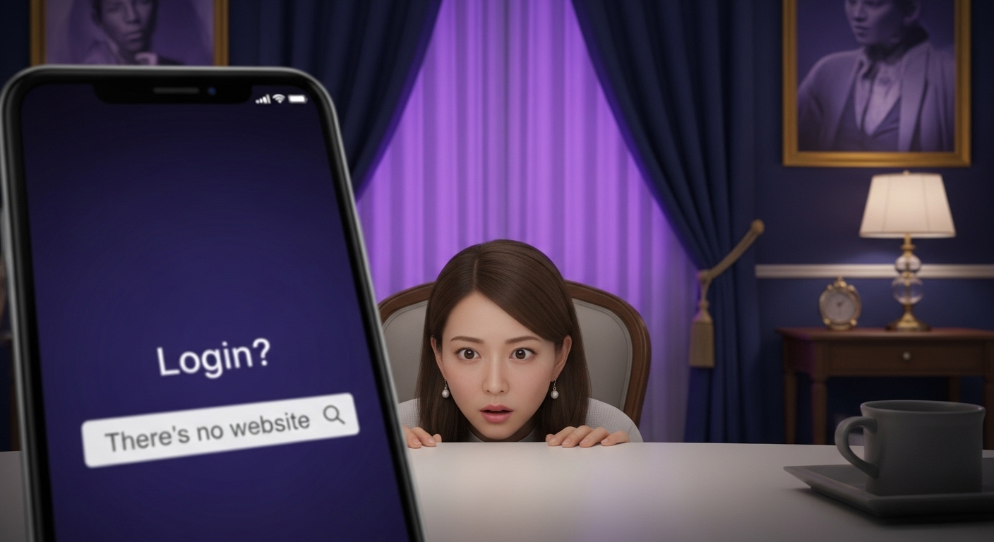 落ち着いた部屋のデスクで、30代から40代くらいの日本人女性が、スマートフォンまたはノートパソコンの画面を不思議そうに覗き込んでいる。画面には「Login?」といった文字や検索窓がぼんやり見えるイメージ。背景には少しミステリアスで高級感のある紫や紺色のカーテンやインテリアがあり、月花殿の神秘的な雰囲気を醸し出している。「サイトがない？」という気づきを得て、ハッとしている表情