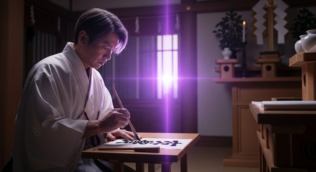 静寂に包まれた祭壇の前で、白装束の女性（巫女陰陽師）が筆を持ち、全神経を集中させて和紙に複雑な文字を書いている荘厳な様子。周囲には神聖な紫色の気が漂っている