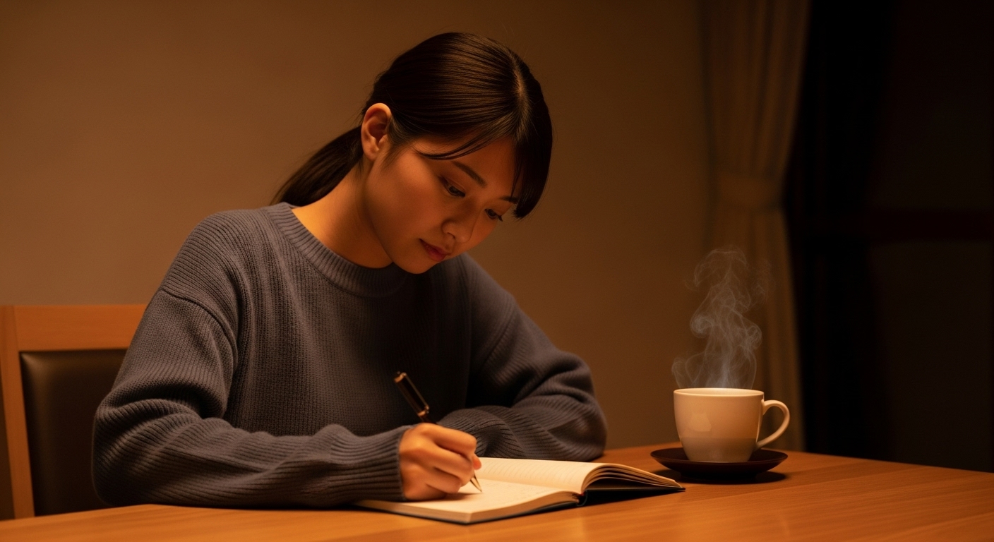 静かな夜、心地よい光の間接照明だけが灯る部屋。一人の日本人の若い女性が、木のテーブルに向かって、真剣な表情でお気に入りの日記帳に何かを書き込んでいる。彼女のそばには、湯気の立つ温かいハーブティーのカップが置かれている。表情は真剣だが、その瞳には未来への希望の光が宿っている。不安な夜を乗り越え、自らの手で未来を切り開こうとする、静かで力強い意志を感じさせる、写真のようにリアルな画像。全体的に温かみのあるオレンジ色のトーン。