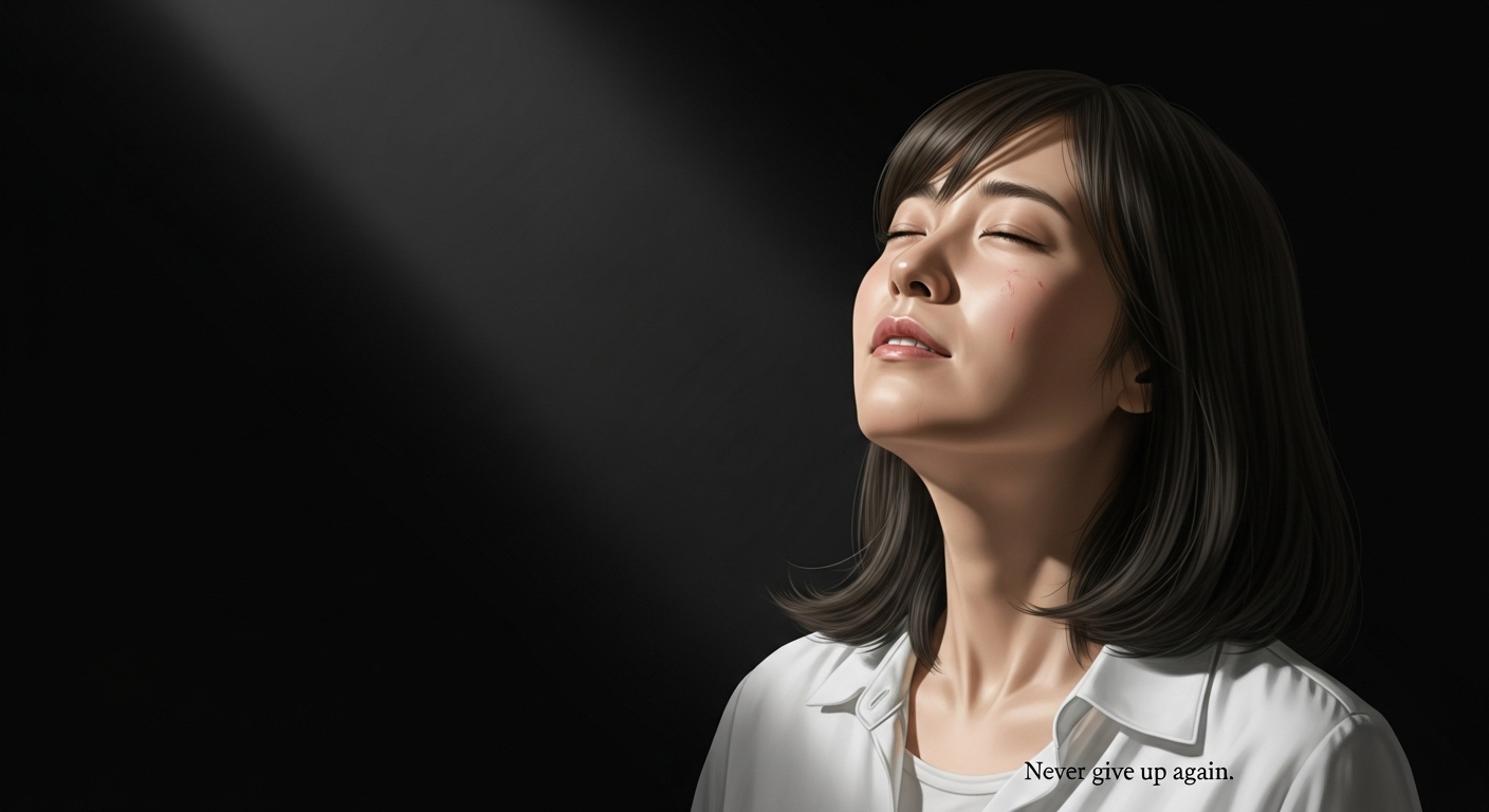 暗闇の中で一筋の光に照らされ、決意の表情を浮かべる女性