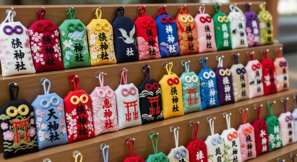 神社の御札やお守りが並べられている様子