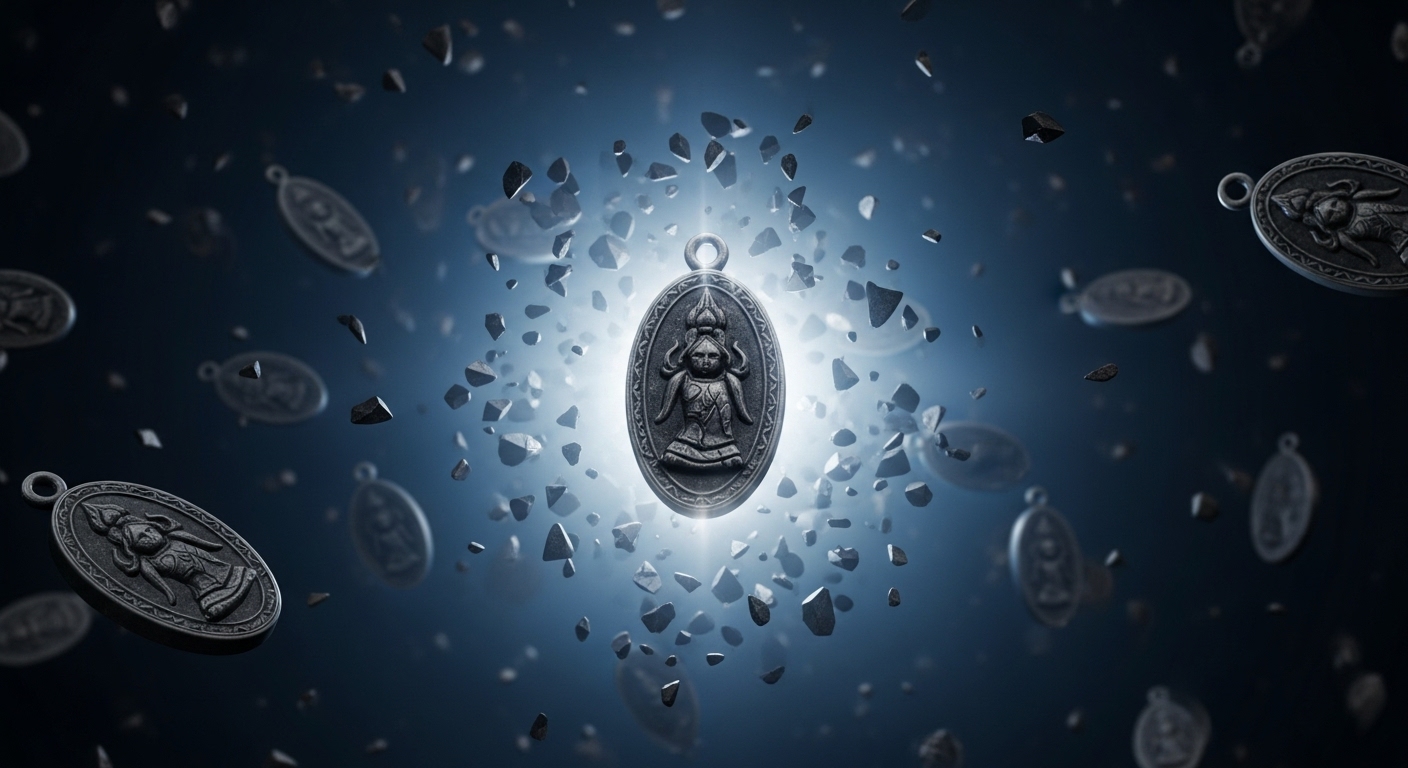 神聖な光を放つ一枚の美しい護符が中央に浮かんでいる。背景には、偽物や詐欺を象徴するような、暗くひび割れた無数の偽物の護符が描かれているが、中央の本物の護符の光によってそれらが浄化され、消えかかっている様子。本物と偽物の対比が明確で、正規品の持つ神聖なパワーが伝わる神秘的なイラスト