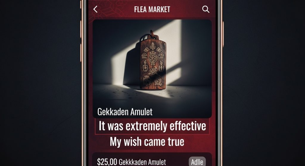 スマートフォンの画面に映るフリマアプリの出品ページ。薄暗い部屋で撮影されたような月花殿の護符の写真に、「効果ありすぎました」「願いが叶ったので」といった怪しげな説明文が添えられている。危険な雰囲気が漂うイラスト