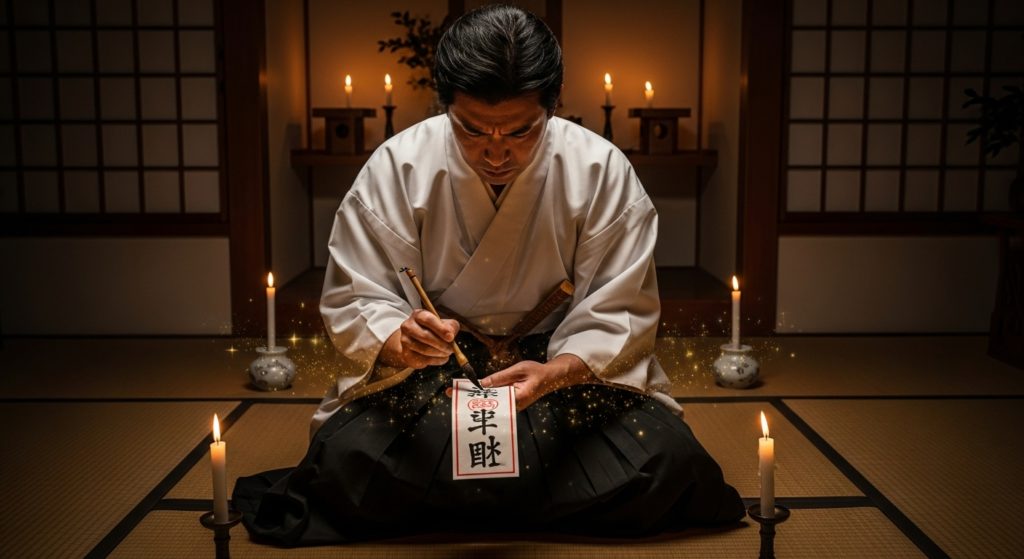神聖な雰囲気の和室で、現代風の日本人男性の祈祷師が、ロウソクの灯りの中で精神を集中させ、護符に筆を入れている瞬間。その目つきは真剣そのもので、護符に強力なエネルギーが込められていく様子が伝わるイラスト