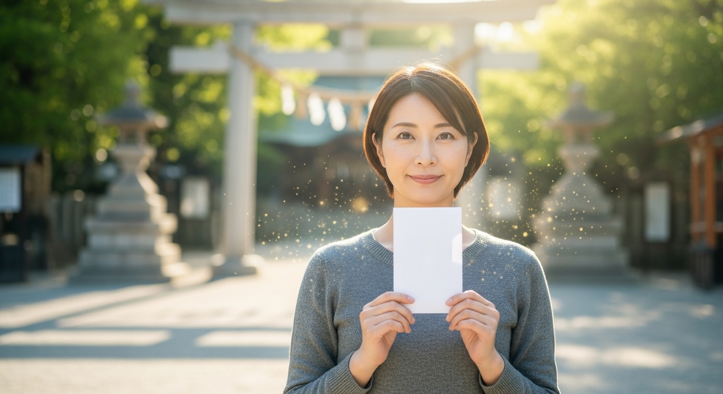 日本の神社の境内、柔らかな朝の光が差し込む静かな場所で、30代から40代くらいの日本人女性が、胸の前で大切そうに白い封筒（護符が入っているイメージ）を両手で持ち、穏やかで希望に満ちた笑顔を浮かべている様子。背景には新緑や鳥居がぼんやりと見え、神聖で清らかな雰囲気。金色の光の粒子が舞っているような演出で金運アップを表現