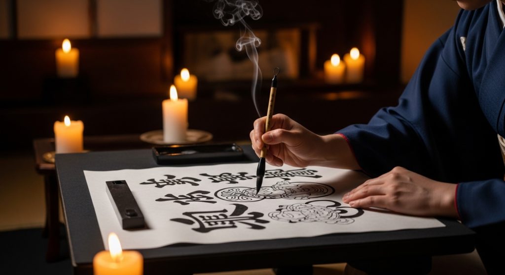 薄暗い部屋で、和装の人物（手元のみ）が筆を持ち、真剣な様子で和紙に文字や図形を書いている神秘的なシーン。周囲にはろうそくの灯りがあり、集中した空気が漂っている